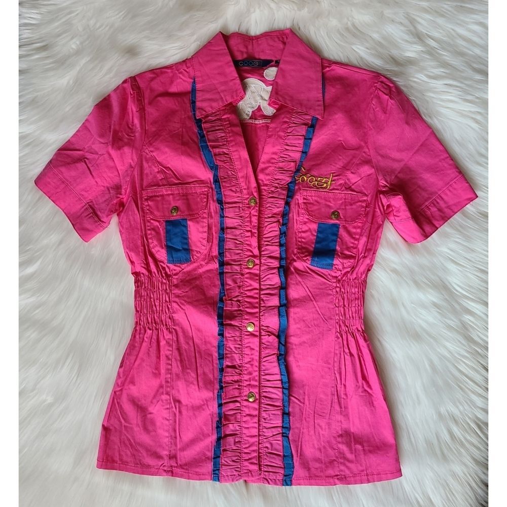 COOGI|Pink Ruffled Snap Button Short Sleeve Top, MEDIUM